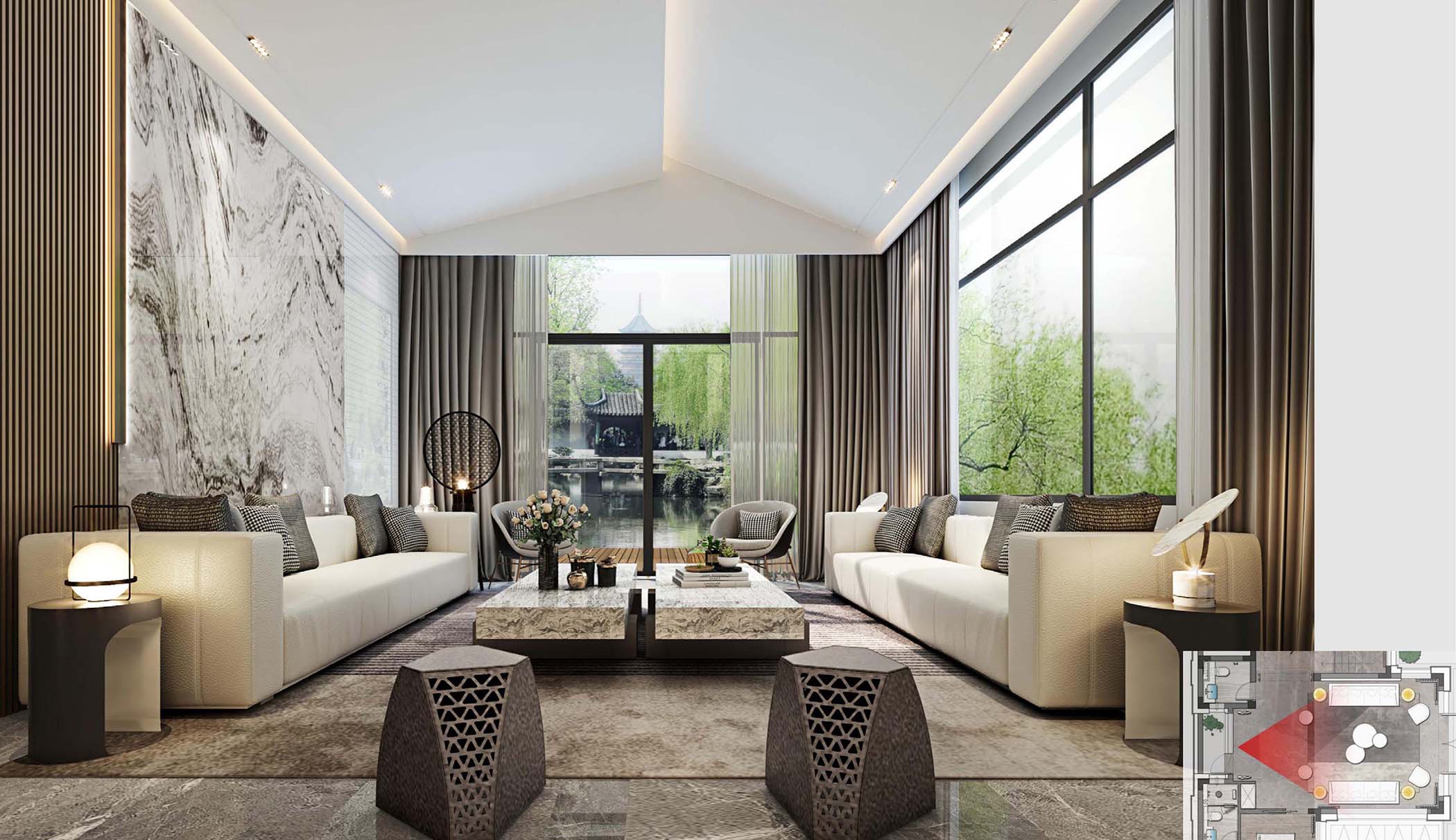 太平.某山莊A戶型新中式樣板間裝飾裝修工程(圖1) 00一層客廳.jpg